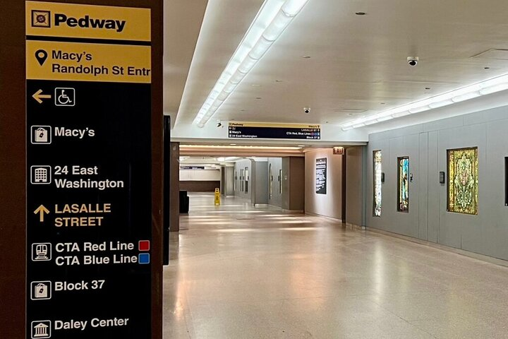 Explore Chicago’s unique Pedway system featuring charming holiday decorations and iconic sights including Macy’s stunning Tiffany Ceiling and Millennium Park's festive tree and Cloud Gate sculpture.